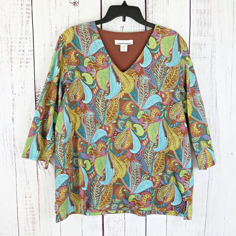 Brown and Aqua Paisley Leaf Floral Summer Fall Blouse.......126